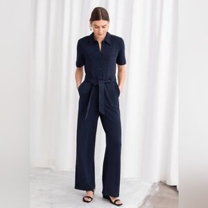 & Other Stories Paris Atelier Belted Pinstripe Navy Jumpsuit Size US 2